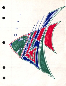 Doodle of fish -- with very roughly the triangular shape of an angel fish -- with a green nose, and red, green and blue fins. 