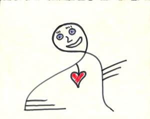 Doodle consisting of single looping line, with a face (eyes; eyebrows; nose; smile) sketched into the loop, a heart sketched where the body would be, and lines suggesting (?) hands or feet. 