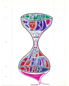 Doodle of an hourglass, the top of which reads "Policy" with arrows flowing toward the bottom, which includes the words "Implementation Staff."  There is a face at the narrow point of the hourglass, and a face in the "O" in Policy.