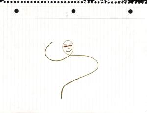Doodle consisting of single looping line, with a face (eyes; eyebrows; nose; smile) sketched into the loop. 