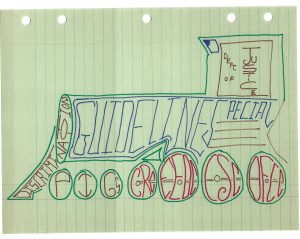 Doodle in the form of a train engine.  From left to right, the cow-catcher reads, "discrimination," the body of the engine reads, "Guidlines Special," the cab reads "Dept. of Justice," the wheels read P I Gs, CRC, EEOC CSC, and OFCC.